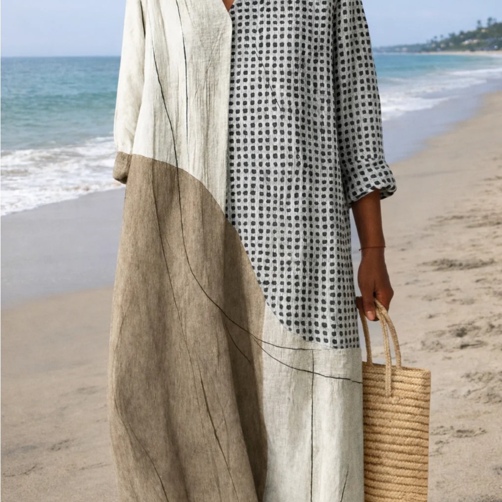 Neutral Colorblock Midi Dress in Beige and Gray